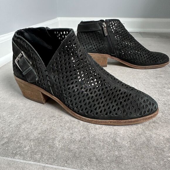 Vince Camuto Phandra Black Suede Perforated Heel Buckle Ankle Zip Booties 8.5 - Picture 2 of 11